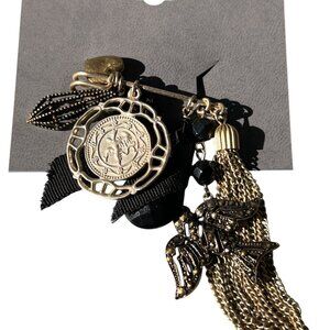 Express Safety Pin Brooch Gold Tone Dangles Charms Rhinestone Bird Tassel NWT